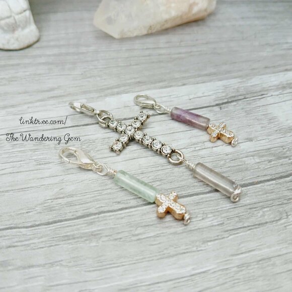 Stitch Markers 3 Piece Fluorite Gemstone Rhinestone Cross Charms - Picture 1 of 5